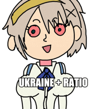 a drawing of a girl with red eyes and the words ukraine + ratio below her