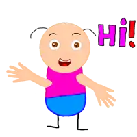 a cartoon character with a pink shirt and blue shorts is saying hi