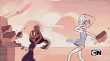 a couple of cartoon characters standing next to each other with cn on the bottom