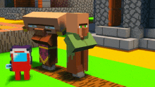 a red among us character stands next to a villager