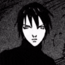 a black and white drawing of a person 's face with a turtleneck and short hair .