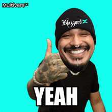 a man wearing a beanie that says hazard on it