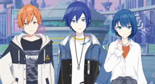 a group of anime characters are standing next to each other in a city .