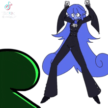 a cartoon character with blue hair and black pants is standing next to a green r .