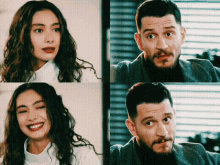a woman and a man are smiling and looking at each other