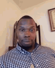 a man wearing a plaid shirt is taking a selfie in a room .