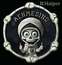 a cartoon skeleton giving a thumbs up with the words achmedino written above him