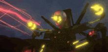 a robot is flying through the air with a shield on its back