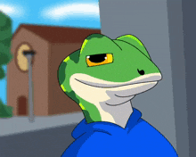 a cartoon of a lizard wearing a blue hoodie with a building in the background