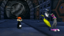 a cartoon character standing next to another character in a dark room