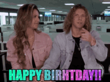 a man and a woman are sitting next to each other and the words happy britday are displayed