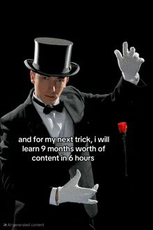 a man in a tuxedo and top hat is holding a rose