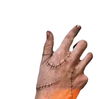 a hand with stitches on it is reaching out