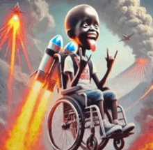 a boy in a wheelchair with a rocket on his back making a peace sign