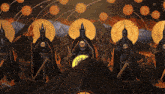a painting of a group of warriors with skulls on their heads