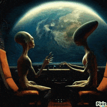 a couple of aliens sitting in front of a planet earth