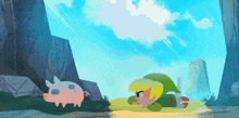 a cartoon drawing of a pig and a link laying on the ground