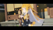 a cartoon girl with long blonde hair is standing in front of a building in a video game .
