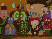 a group of cartoon characters including a bat and a frog