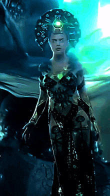 a painting of a woman with a crown on her head with a green light