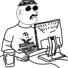 a black and white drawing of a man wearing a shirt that says wall street on it
