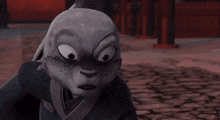 a black and white drawing of a cartoon character with big eyes