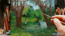 a painting of a man and woman fishing in a river made in animatica