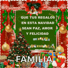 a christmas card in spanish with a christmas tree and gifts