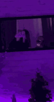 a woman is taking a selfie in front of a mirror with a christmas tree in the background .
