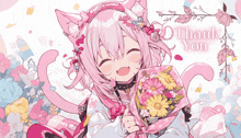 a girl with pink hair is holding a bouquet of flowers and the words thank you are behind her