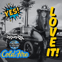 a woman in a cowboy hat is standing next to a car with the words love it