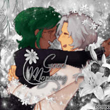 a picture of two people hugging with the words good morning written on the bottom