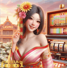 a woman is standing in front of a slot machine with a sign that says casino on it