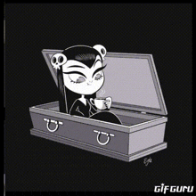 a black and white cartoon of a girl in a coffin drinking coffee .