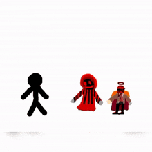 a drawing of a red hooded figure holding a hammer standing next to two other figures