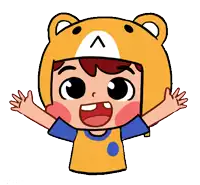 a cartoon boy wearing a teddy bear hat and a yellow shirt