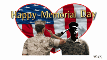 two soldiers salute in front of an american flag with the words happy memorial day above them