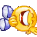a yellow smiley face is holding a blue and white ribbon and a blue and white bow .