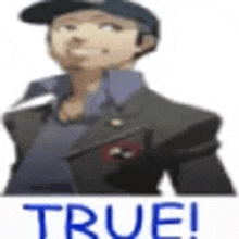 a man in a suit and hat is standing in front of a sign that says `` true '' .