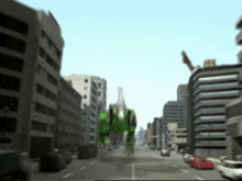 a green dinosaur is flying over a busy city street