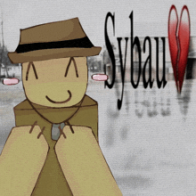 a drawing of a man wearing a hat and tie with sybau written on the background