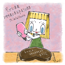 a cartoon drawing of a girl holding a bottle with the date 14. helmikuuta on the bottom