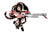 a cartoon character is holding a large knife with the letter e on it