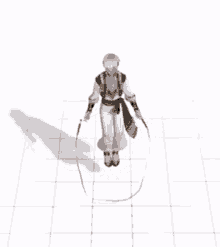 a 3d model of a person standing on a white tiled floor holding a sword .