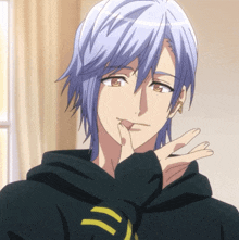 a cartoon character with a black hoodie has a yellow stripe on the sleeve
