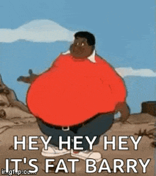 a cartoon character with a big belly is standing on a rock .