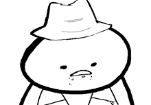 a black and white drawing of a man with a hat on