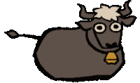 a cartoon drawing of a bull with a yellow bell around its neck