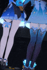 two anime characters are standing next to each other and their legs are shown