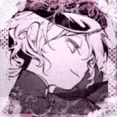 a black and white drawing of a girl with long hair and a hat sleeping on a purple background .